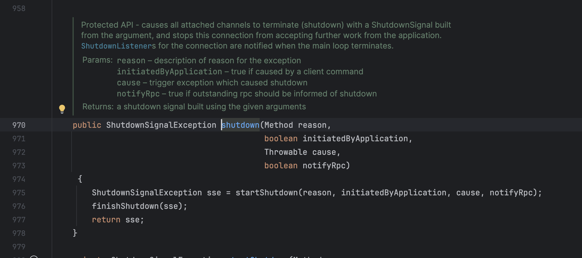 shutdown method on RabbitMQ AMQConnection.java class