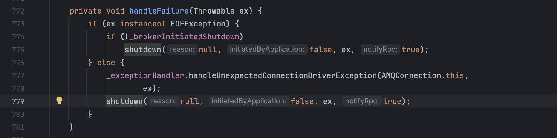 Method handleFailure in RabbitMQ Client AMQConnection.java class