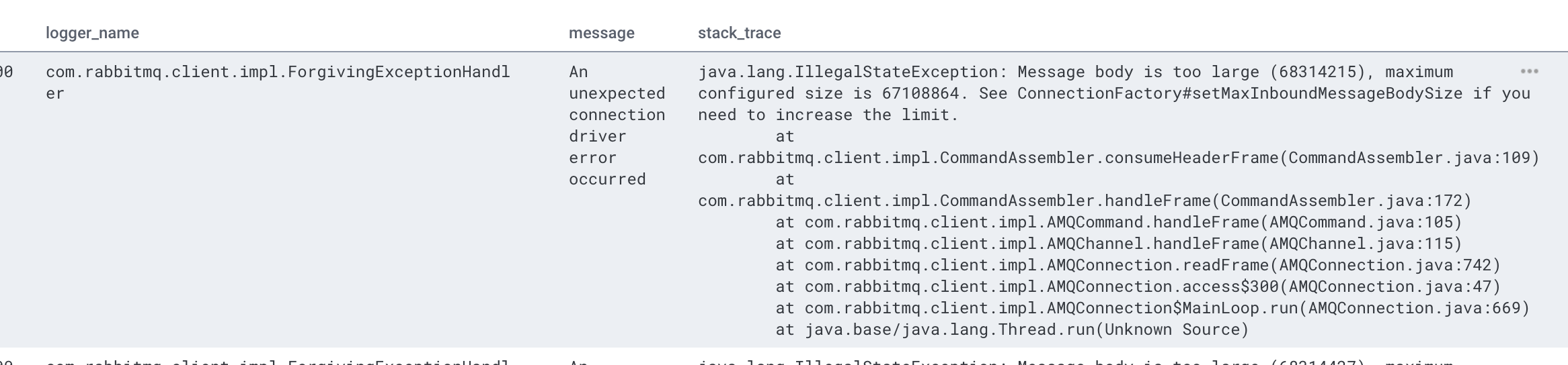 Stack trace with error