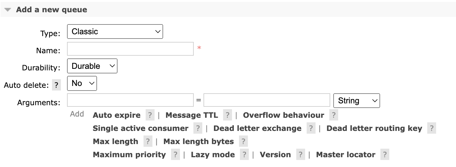 Classic queue definition using RabbitMQ Dashboard