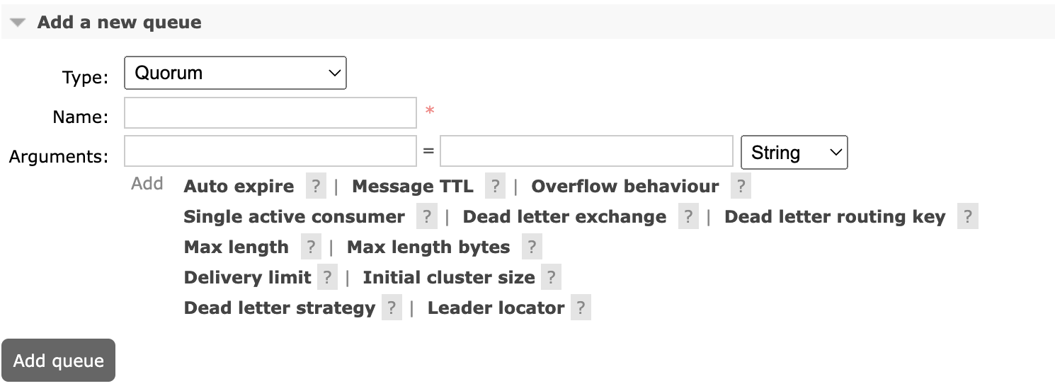 Quorum queue definition using RabbitMQ Dashboard