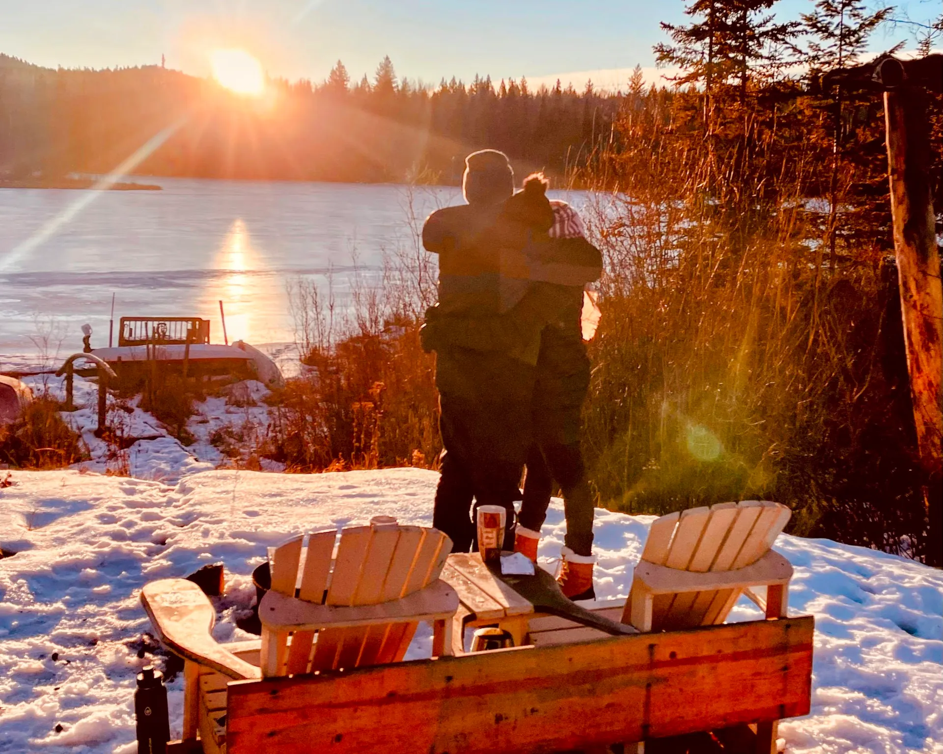 Sunrise with frozen lake view