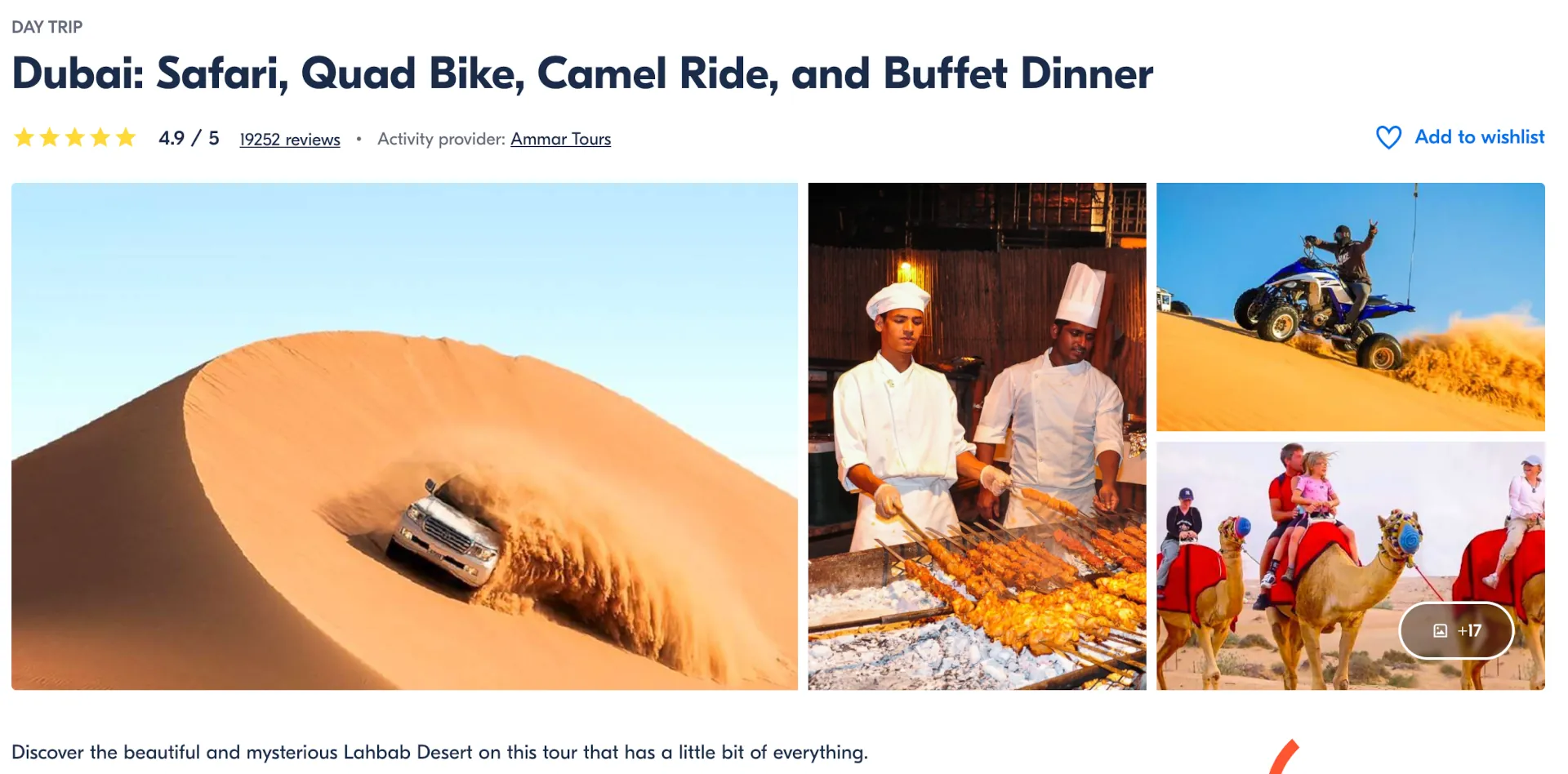 Description of the Dubai: Safari, Quad Bike, Camel Ride, and Buffet Dinner